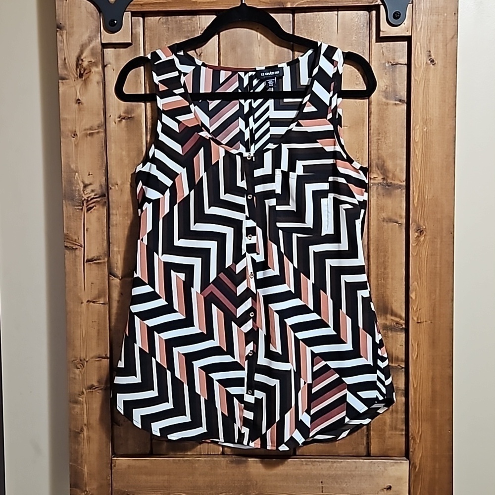 Le Chateau Black Brown White Geometric Print Buttoned Tank Top Size S